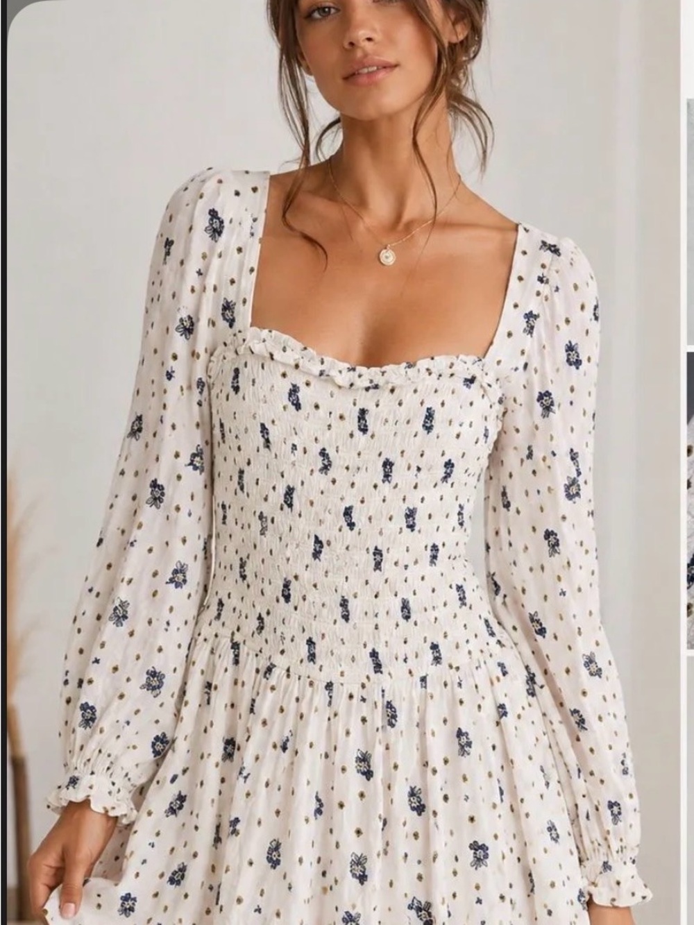 Free People Ivory Floral Smocked Square-Neck Midi Dress